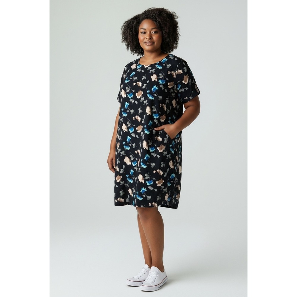 Lands' End Floral Dark Blue Dress with Pockets 20W